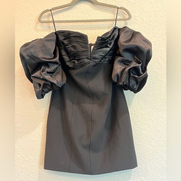 CINQ A SEPT Teo Off Shoulder Puff Sleeve Mini Dress Satin Crepe Black - Picture 5 of 10